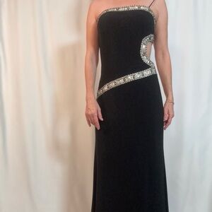 Faviana Black Maxi Dress with Silver Detailing
